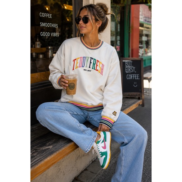Teddy Fresh Tops - Teddy Fresh Rainbow Striped Crewneck Sweatshirt Streetwear Retro Pastel Sz L